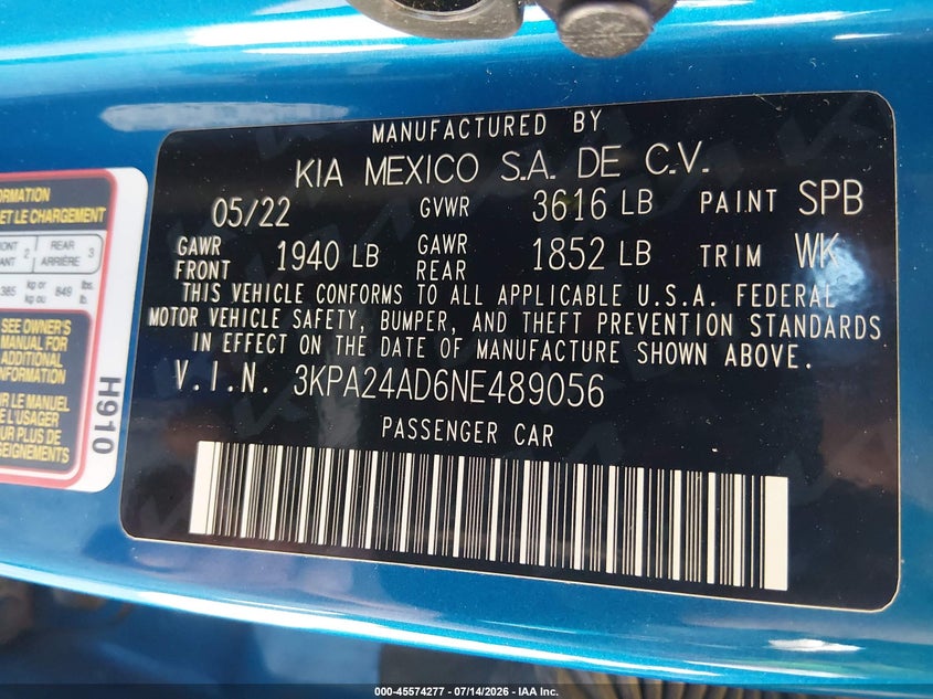 2022 Kia Rio S VIN: 3KPA24AD6NE489056 Lot: 45574277