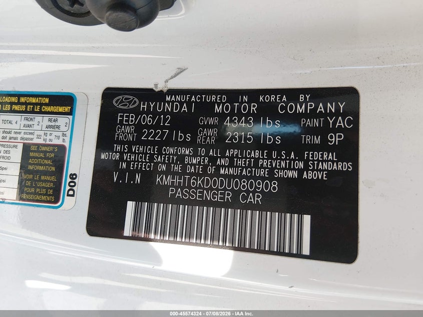 2013 Hyundai Genesis 2.0T VIN: KMHHT6KD0DU080908 Lot: 45574324