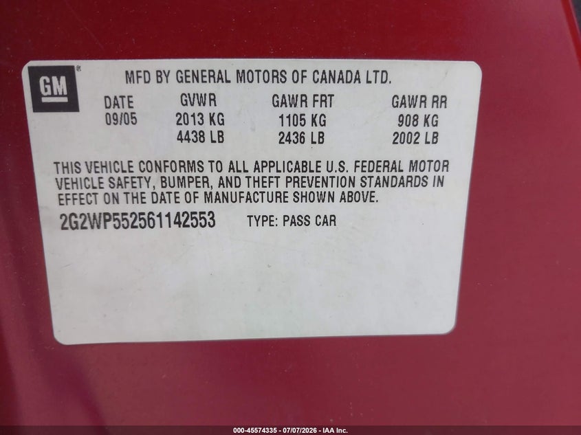 2006 Pontiac Grand Prix VIN: 2G2WP552561142553 Lot: 45574335