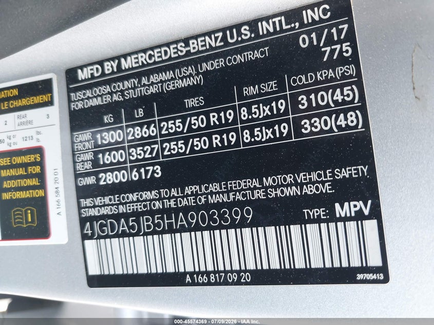 2017 Mercedes-Benz Gle 350 VIN: 4JGDA5JB5HA903399 Lot: 45574369