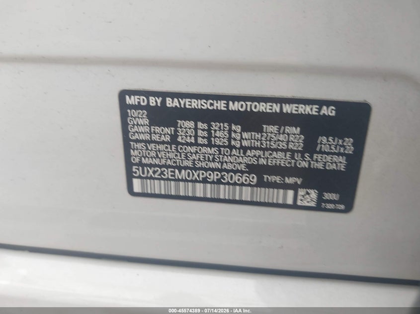 2023 BMW X7 xDrive40I VIN: 5UX23EM0XP9P30669 Lot: 45574389