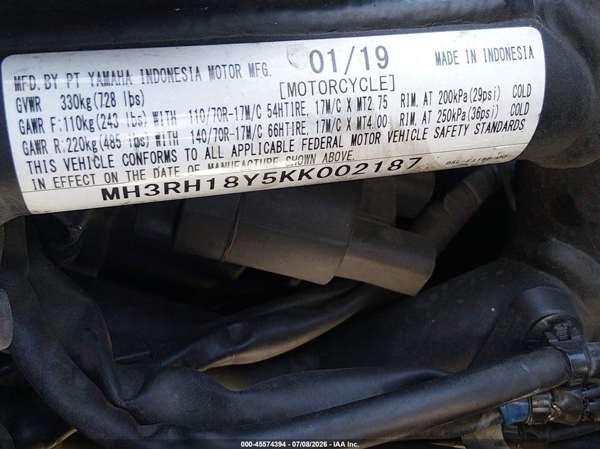2019 Yamaha Yzfr3 A VIN: MH3RH18Y5KK002187 Lot: 45574394