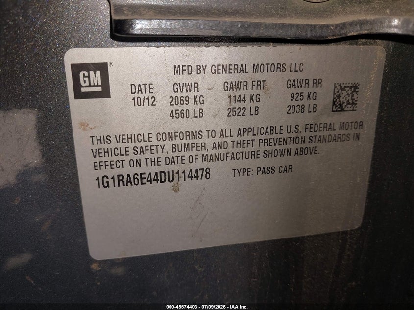 2013 Chevrolet Volt VIN: 1G1RA6E44DU114478 Lot: 45574403