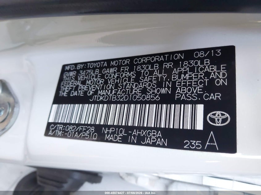 2013 Toyota Prius C Three VIN: JTDKDTB32D1050856 Lot: 45574427