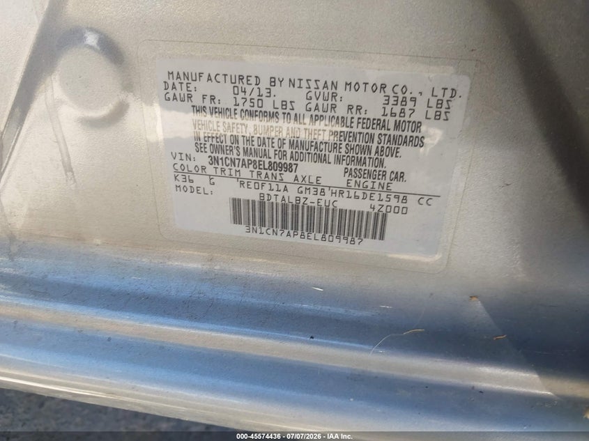 2014 Nissan Versa 1.6 Sv VIN: 3N1CN7AP8EL809987 Lot: 45574436