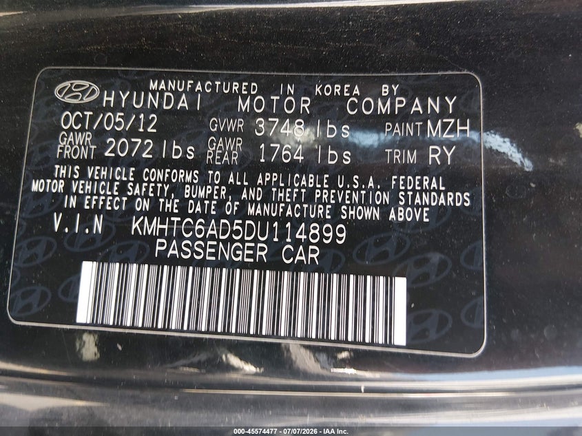 2013 Hyundai Veloster Base W/Gray VIN: KMHTC6AD5DU114899 Lot: 45574477