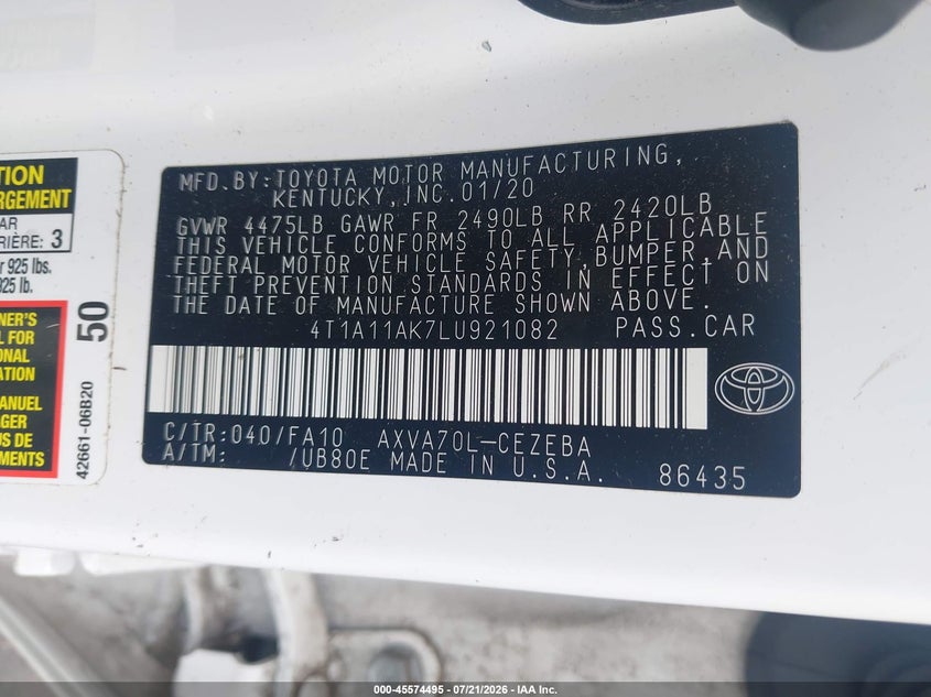 2020 Toyota Camry L VIN: 4T1A11AK7LU921082 Lot: 45574495
