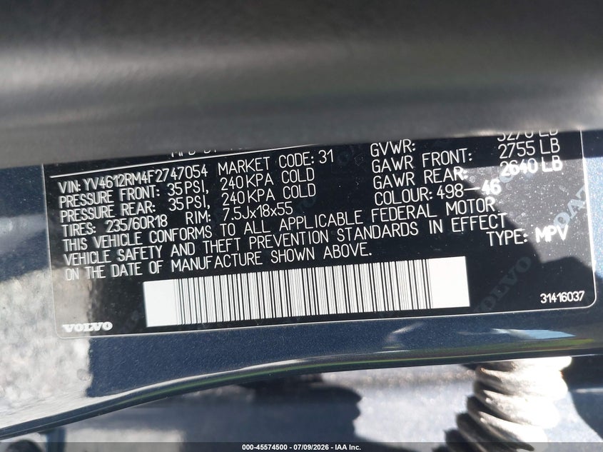 2015 Volvo Xc60 T5 Platinum VIN: YV4612RM4F2747054 Lot: 45574500