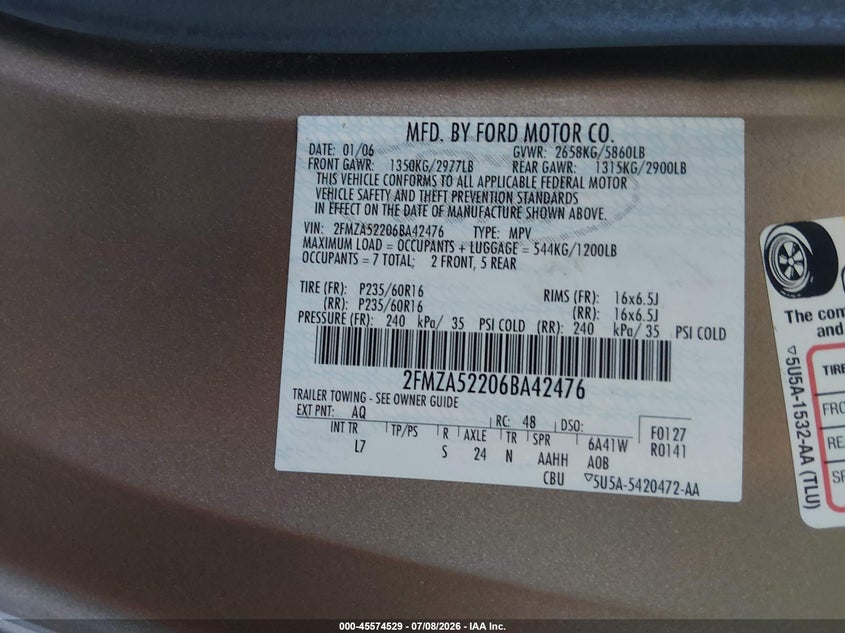 2006 Ford Freestar Sel VIN: 2FMZA52206BA42476 Lot: 45574529