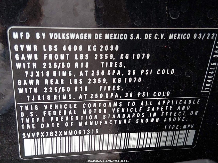 2022 Volkswagen Taos 1.5T Se VIN: 3VVPX7B2XNM061315 Lot: 45574543
