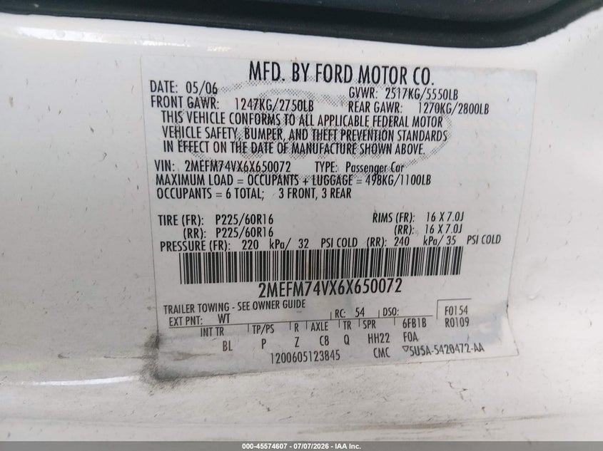 2006 Mercury Grand Marquis Gs VIN: 2MEFM74VX6X650072 Lot: 45574607