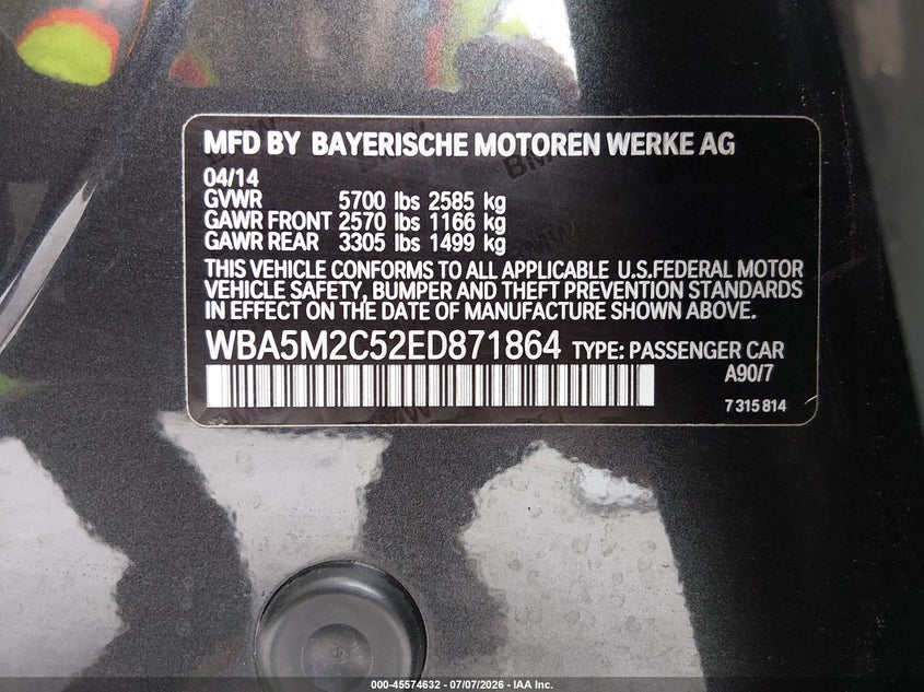 BMW 535I GRAN TURISMO 2014 VIN WBA5M2C52ED871864