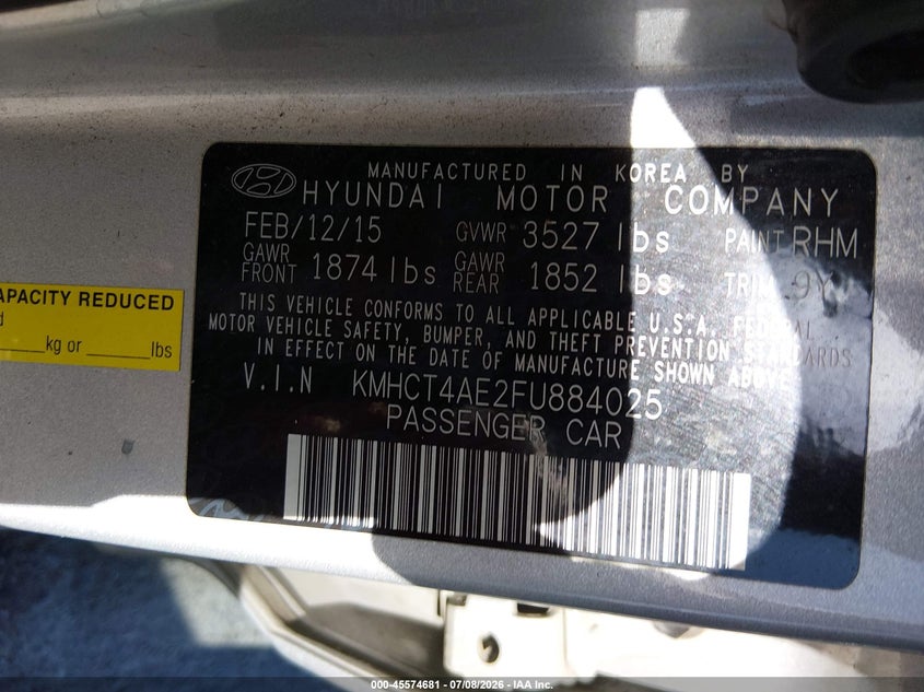 2015 Hyundai Accent Gls VIN: KMHCT4AE2FU884025 Lot: 45574681