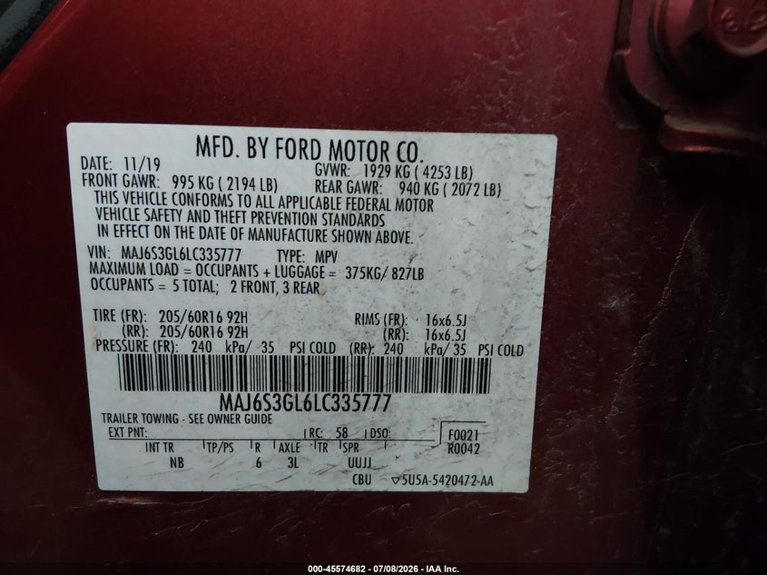 2020 Ford Ecosport Se VIN: MAJ6S3GL6LC335777 Lot: 45574682
