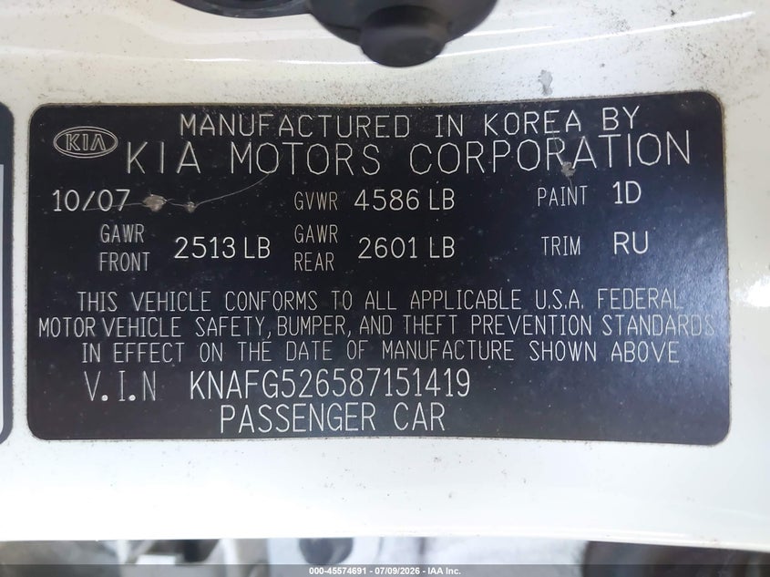 2008 Kia Rondo Lx V6 VIN: KNAFG526587151419 Lot: 45574691