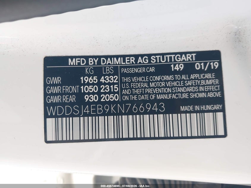 2019 Mercedes-Benz Cla 250 VIN: WDDSJ4EB9KN766943 Lot: 45574695