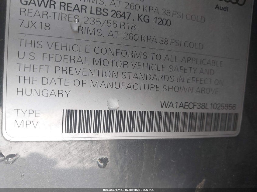 2020 Audi Q3 Premium 45 Tfsi Quattro Tiptronic VIN: WA1AECF38L1025956 Lot: 45574715