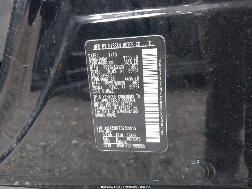 2011 Infiniti Qx56 VIN: JN8AZ2NF7B9500615 Lot: 45574739