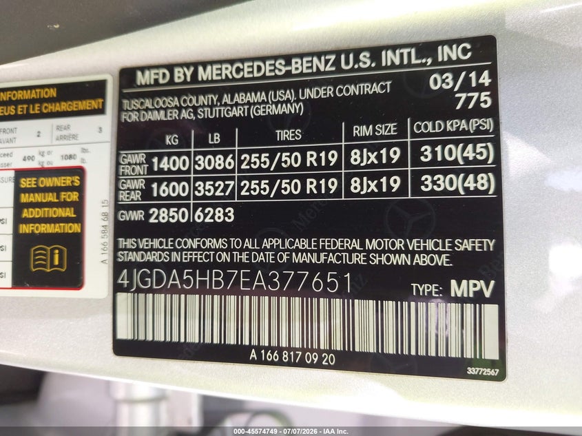 2014 Mercedes-Benz Ml 350 4Matic VIN: 4JGDA5HB7EA377651 Lot: 45574749