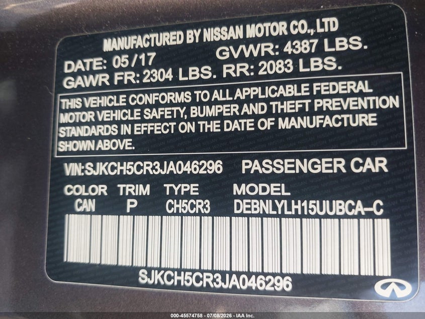 INFINITI QX30 2018 VIN SJKCH5CR3JA046296