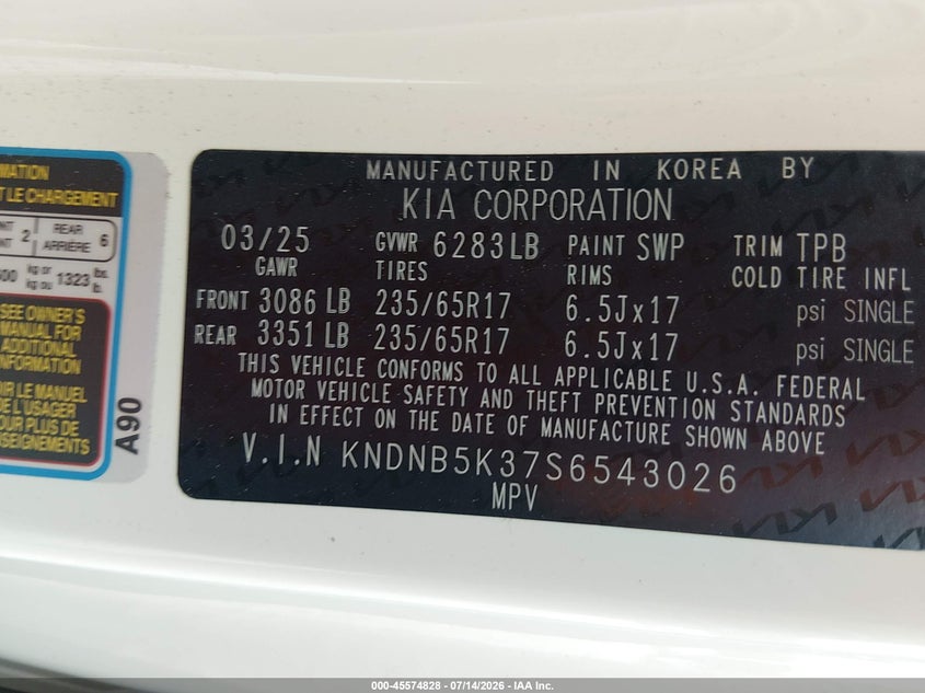 2025 Kia Carnival Mpv Lxs VIN: KNDNB5K37S6543026 Lot: 45574828