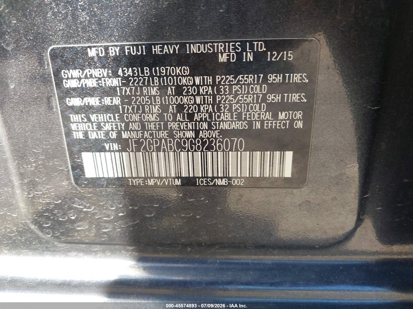 SUBARU CROSSTREK 2016 VIN JF2GPABC9G8236070