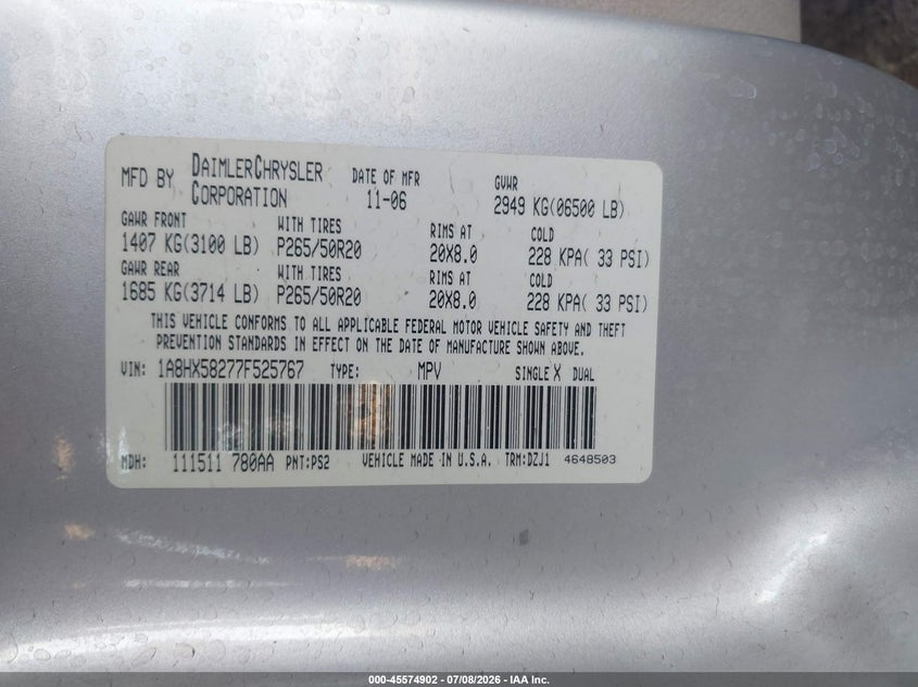 2007 CHRYSLER ASPEN SPORT UTILITY VEHICLE 5.7L V-8 335HP