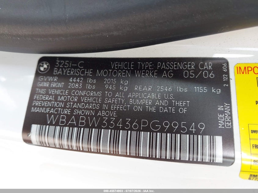 2006 BMW 325Ci VIN: WBABW33436PG99549 Lot: 45574903