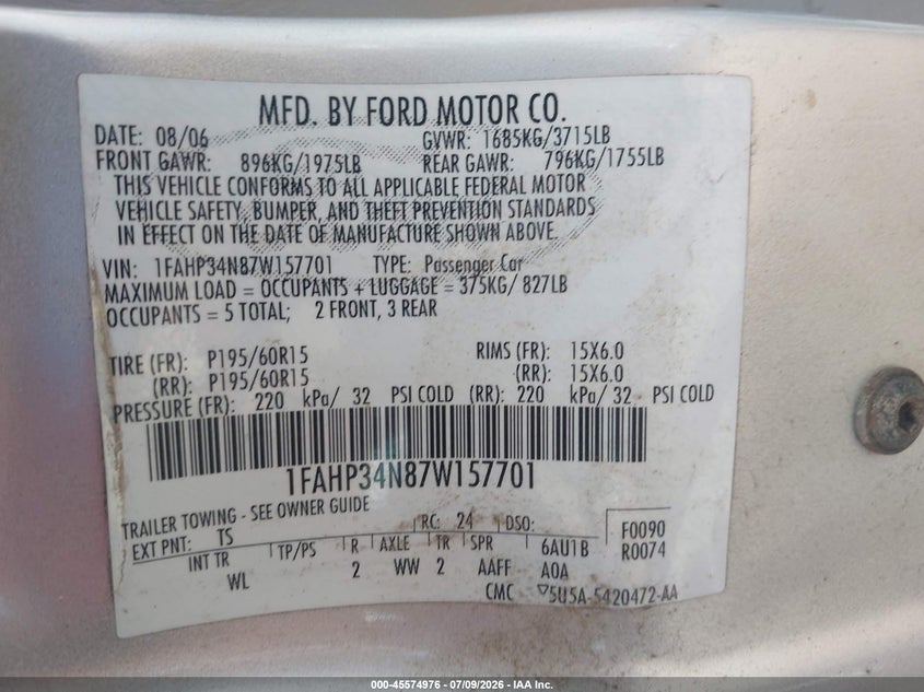 FORD FOCUS 2007 VIN 1FAHP34N87W157701