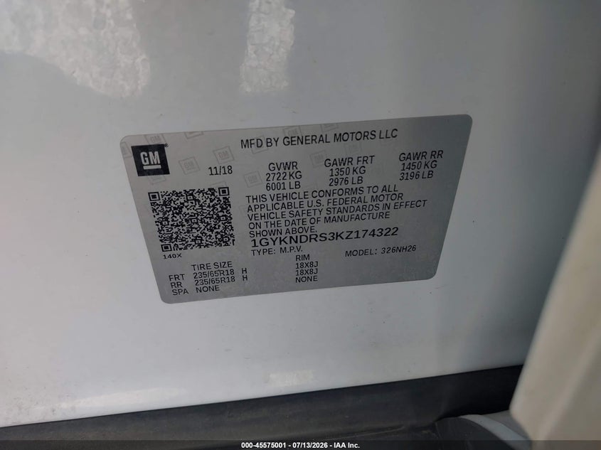2019 Cadillac Xt5 Luxury VIN: 1GYKNDRS3KZ174322 Lot: 45575001