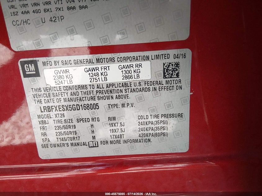 2016 Buick Envision Premium I VIN: LRBFXESX5GD168005 Lot: 45575085
