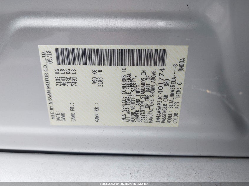2018 Nissan Maxima 3.5 Platinum VIN: 1N4AA6AP3JC401774 Lot: 45575112