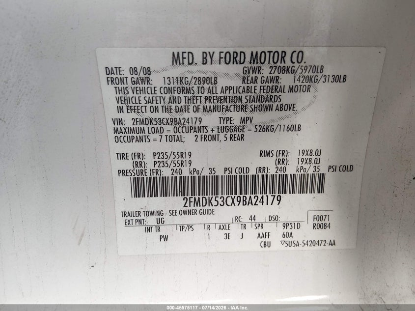 2009 Ford Flex Limited VIN: 2FMDK53CX9BA24179 Lot: 45575117