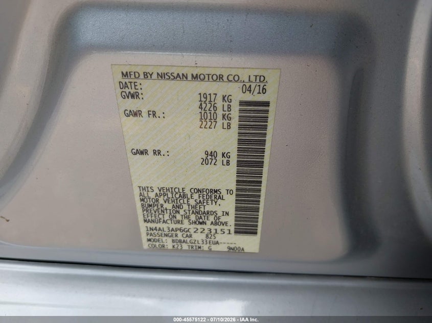 2016 Nissan Altima 2.5/2.5 S/2.5 Sl/2.5 Sr/2.5 Sv VIN: 1N4AL3AP6GC223151 Lot: 45575122