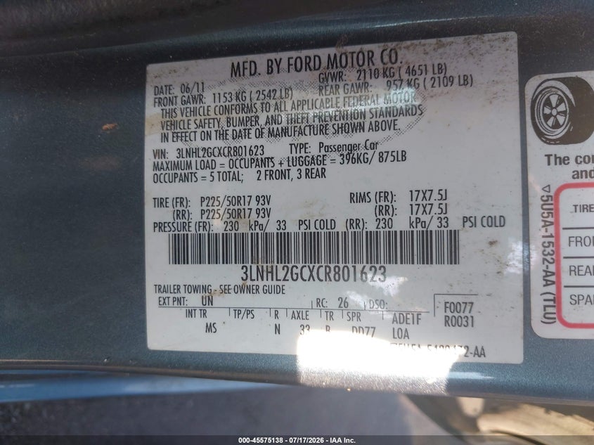 2012 Lincoln Mkz VIN: 3LNHL2GCXCRBG1623 Lot: 45575138