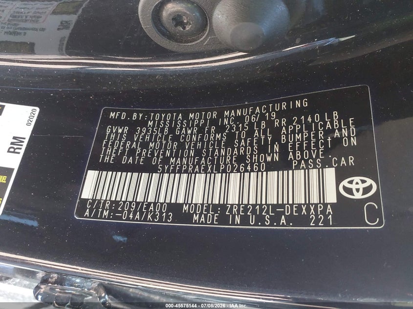 TOYOTA COROLLA 2020 VIN 5YFFPRAEXLP026460