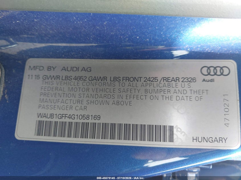 2016 Audi S3 Premium Plus VIN: WAUB1GFF4G1058169 Lot: 45575145