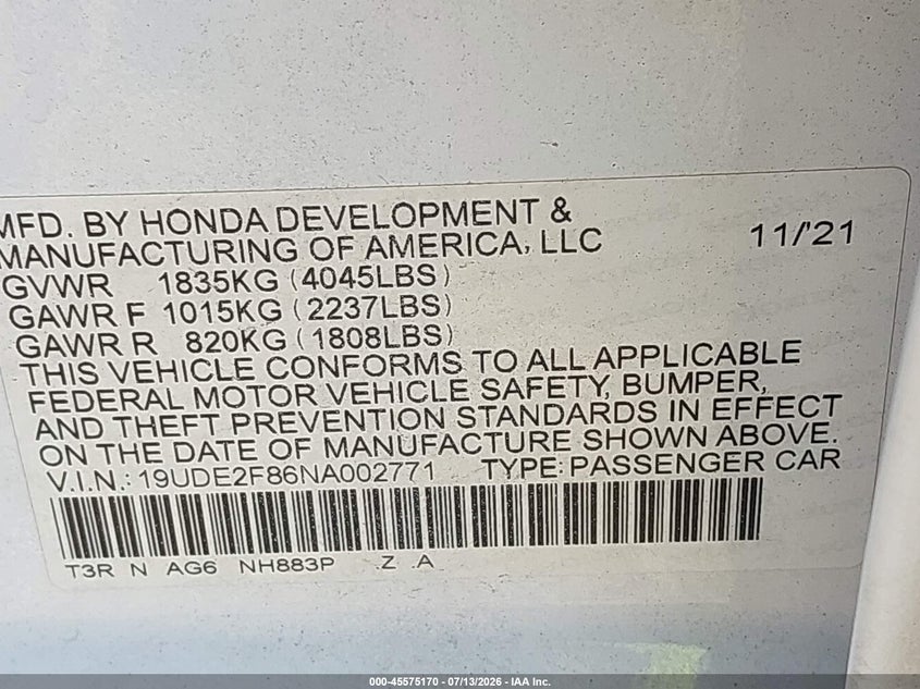 2022 Acura Ilx Premium A-Spec Packages/Technology A-Spec Packages VIN: 19UDE2F86NA002771 Lot: 45575170