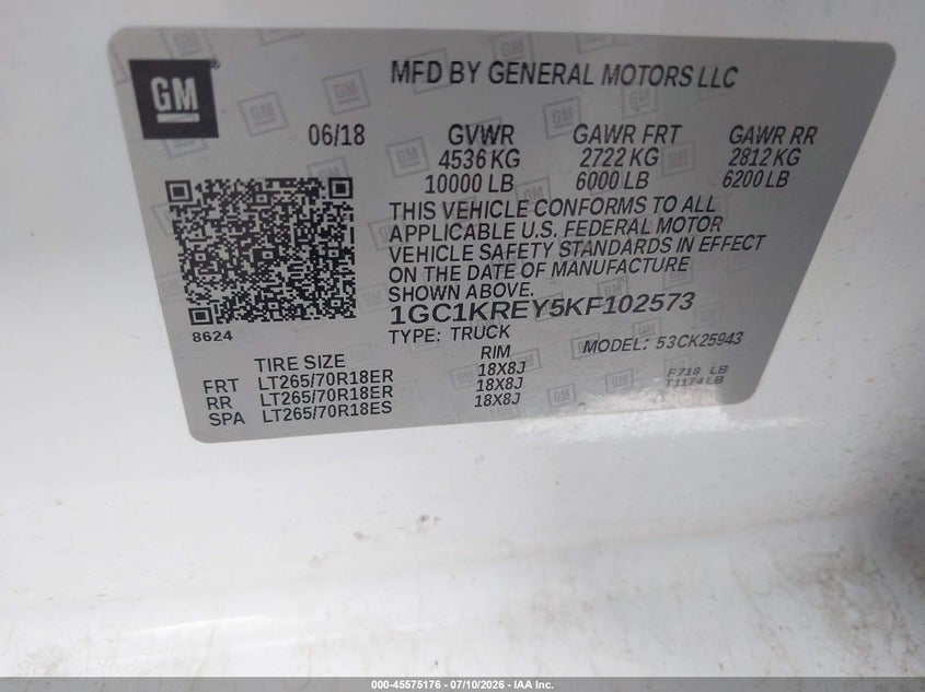 CHEVROLET SILVERADO 2500HD 2019 VIN 1GC1KREY5KF102573