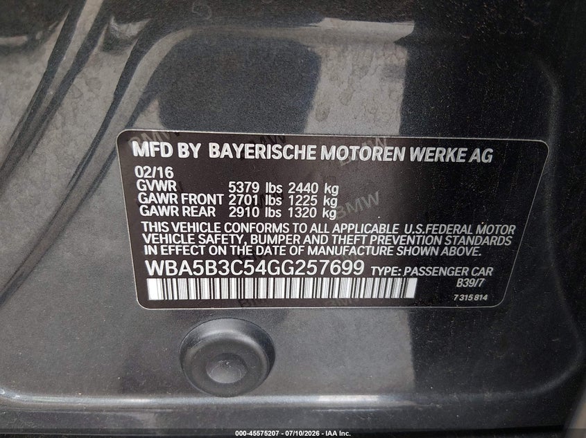 BMW 535I 2016 VIN WBA5B3C54GG257699
