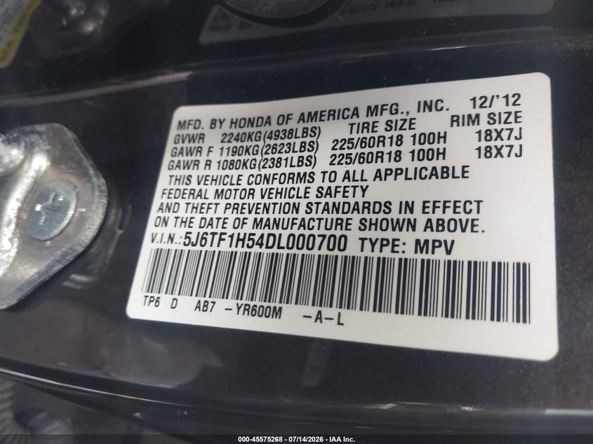 2013 Honda Crosstour Ex-L V6 VIN: 5J6TF1H54DL000700 Lot: 45575268