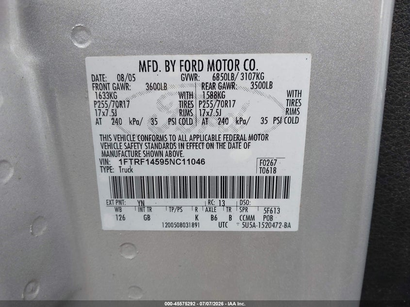 2005 FORD F-150 TRUCK 5.4L V-8 VVT, 300HP
