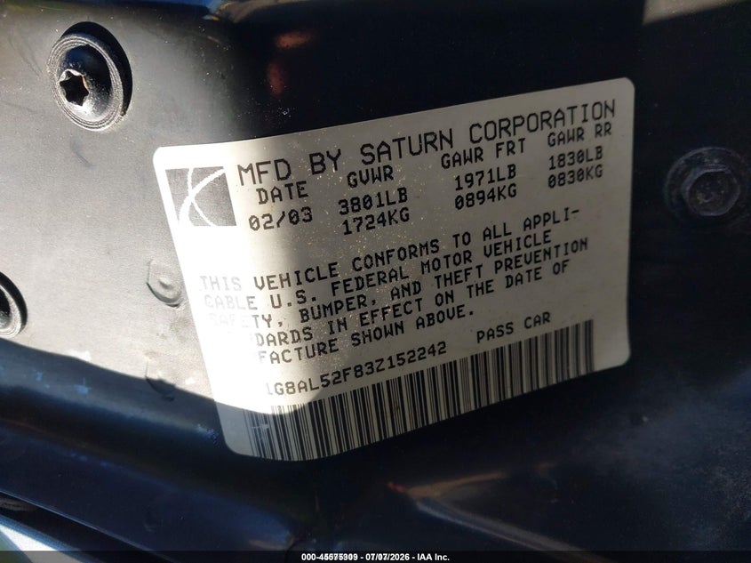 2003 Saturn Ion 3 VIN: 1G8AL52F83Z152242 Lot: 45575309
