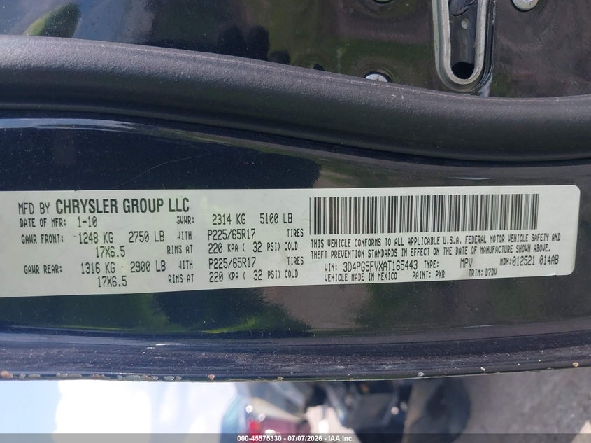 2010 Dodge Journey Sxt VIN: 3D4PG5FVXAT165443 Lot: 45575330