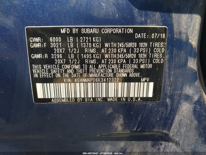 2019 Subaru Ascent Limited VIN: 4S4WMAPD6K3412322 Lot: 45575347