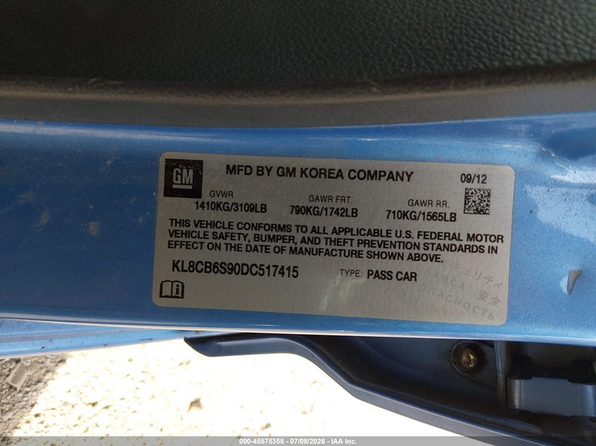 2013 Chevrolet Spark Ls Auto VIN: KL8CB6S90DC517415 Lot: 45575358
