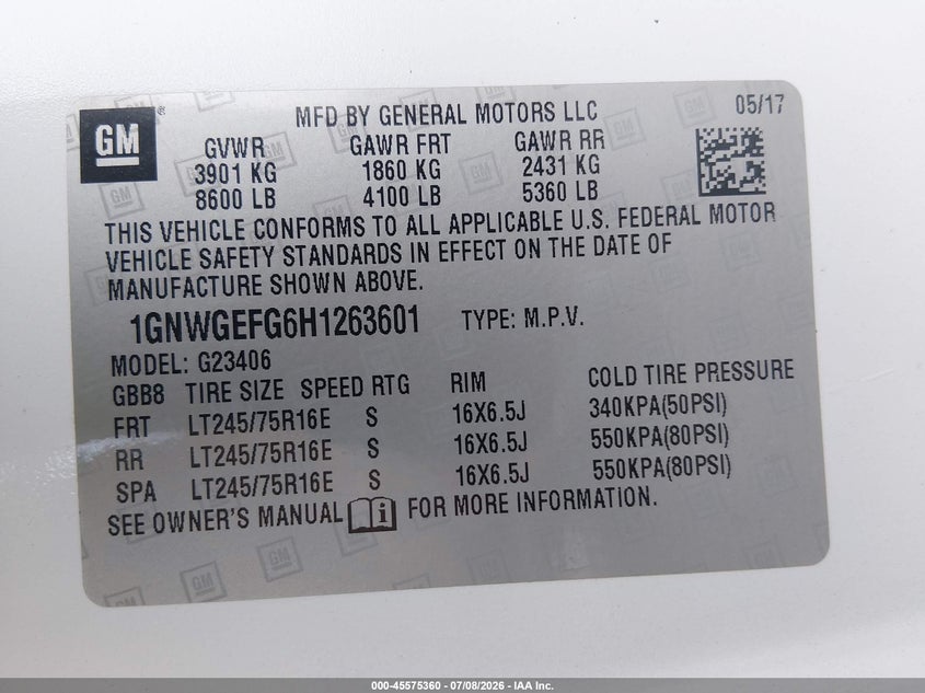 2017 CHEVROLET EXPRESS VAN 6.0L V-8 VVT, 342HP