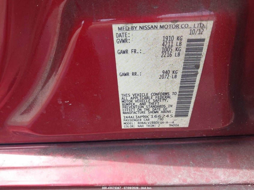 2013 NISSAN ALTIMA SEDAN 2.5L I-4 DOHC, VVT, 182HP