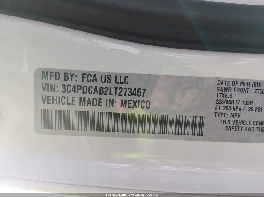 DODGE JOURNEY 2020 VIN 3C4PDCAB2LT273467