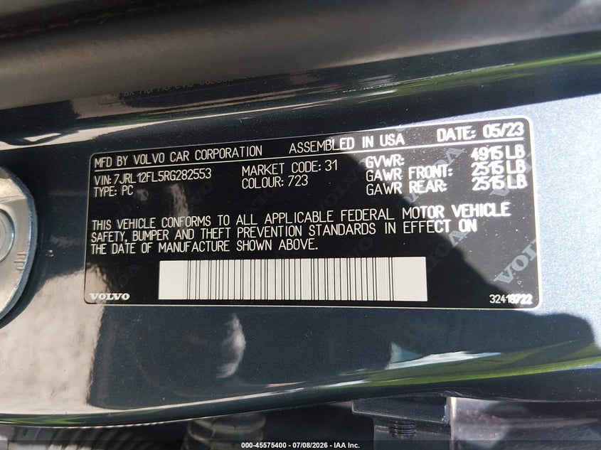 2024 Volvo S60 B5 Plus Dark Theme VIN: 7JRL12FL5RG282553 Lot: 45575400